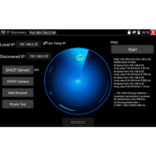'IP Discovery'-Bildschirm mit Radar-Grafik, zeigt lokale und entdeckte IPs: 192.168.0.25 und 192.168.0.20. Optionen: ONVIF Kamera, Web-Browser, IPCam-Test. PING-Startknopf und detaillierte PING-Statistiken.